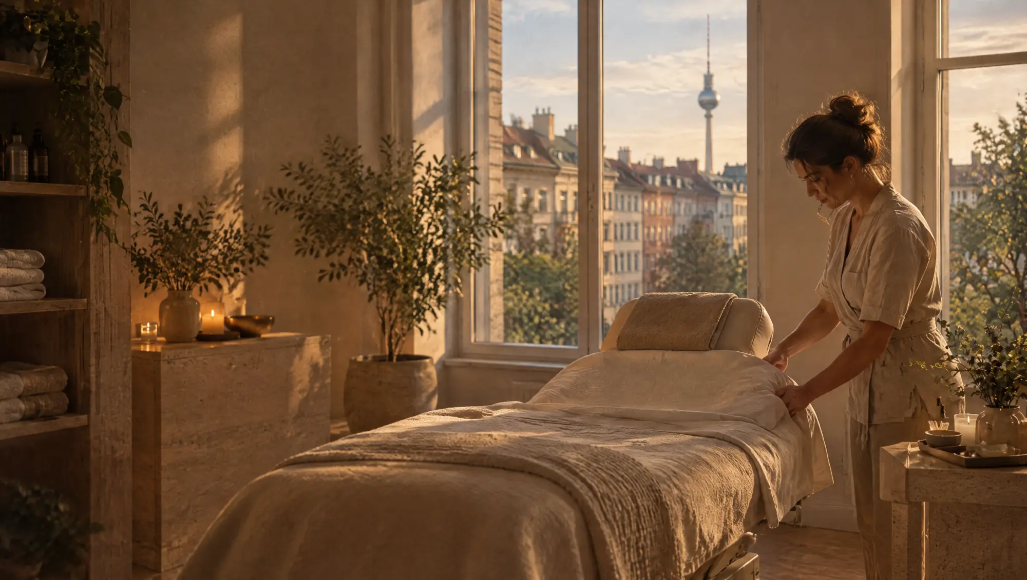 Ästhetik- & Wellnesspraxen in Berlin: Behandlung im Studio, die Stadt im Fenster