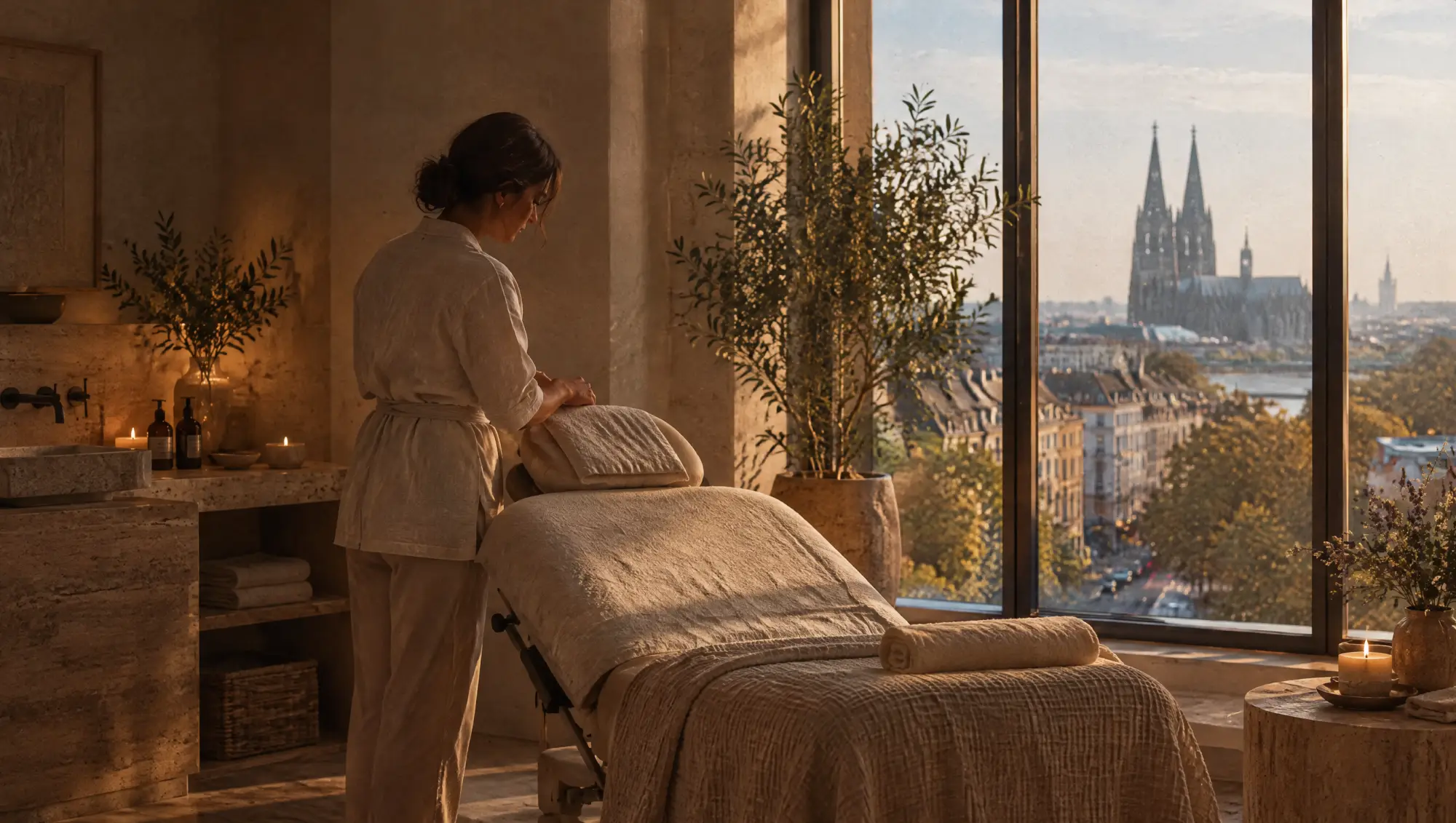 Ästhetik- & Wellnesspraxen in Köln: Behandlung im Studio, die Stadt im Fenster