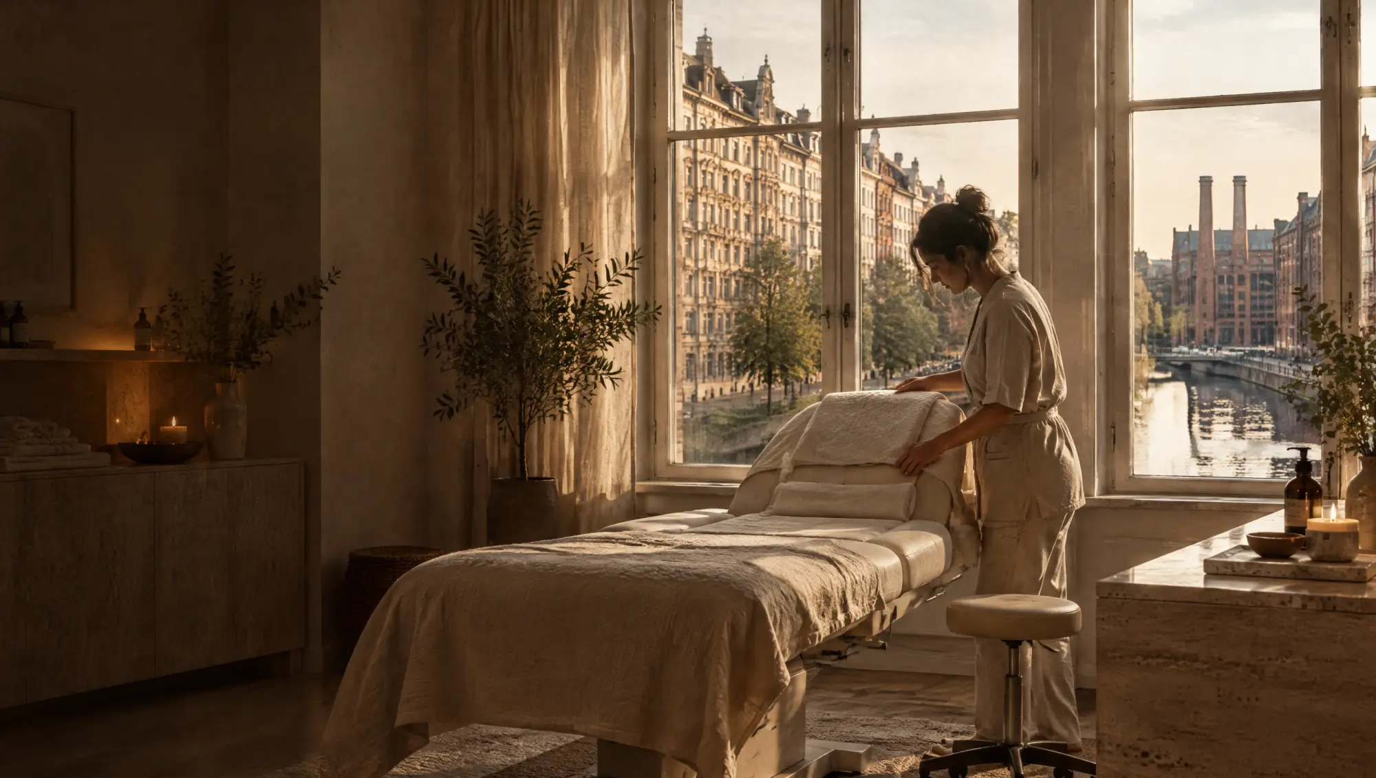 Ästhetik- & Wellnesspraxen in Leipzig: Behandlung im Studio, die Stadt im Fenster