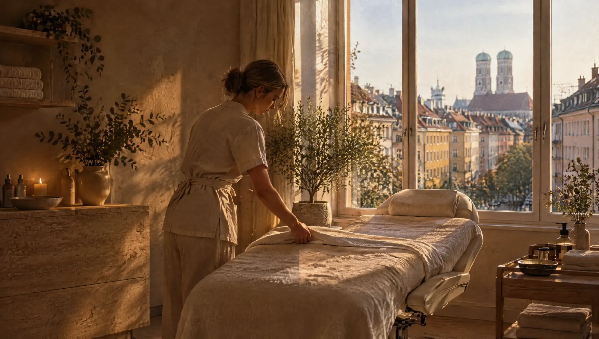 Ästhetik- & Wellnesspraxen in München: Behandlung im Studio, die Stadt im Fenster