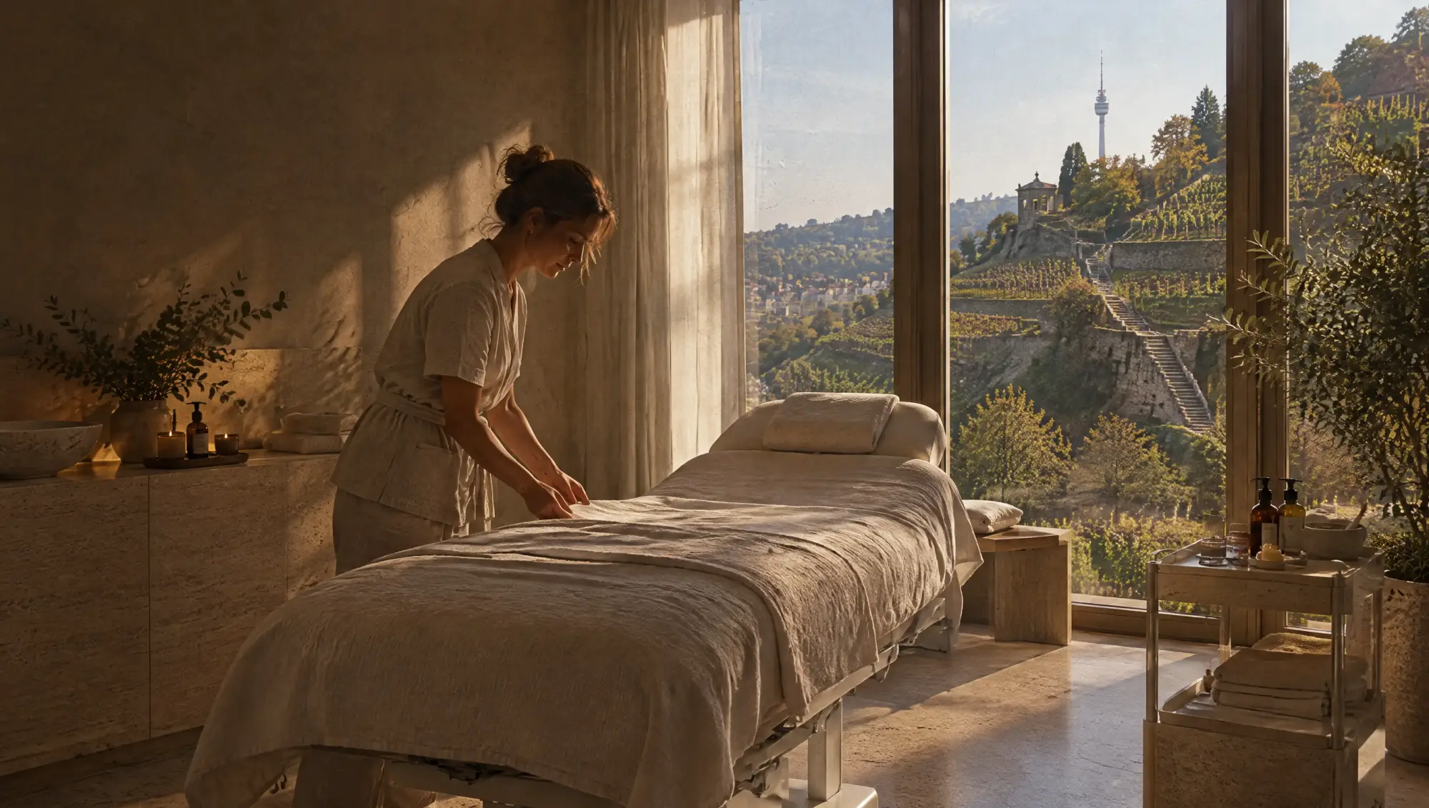 Ästhetik- & Wellnesspraxen in Stuttgart: Behandlung im Studio, die Stadt im Fenster