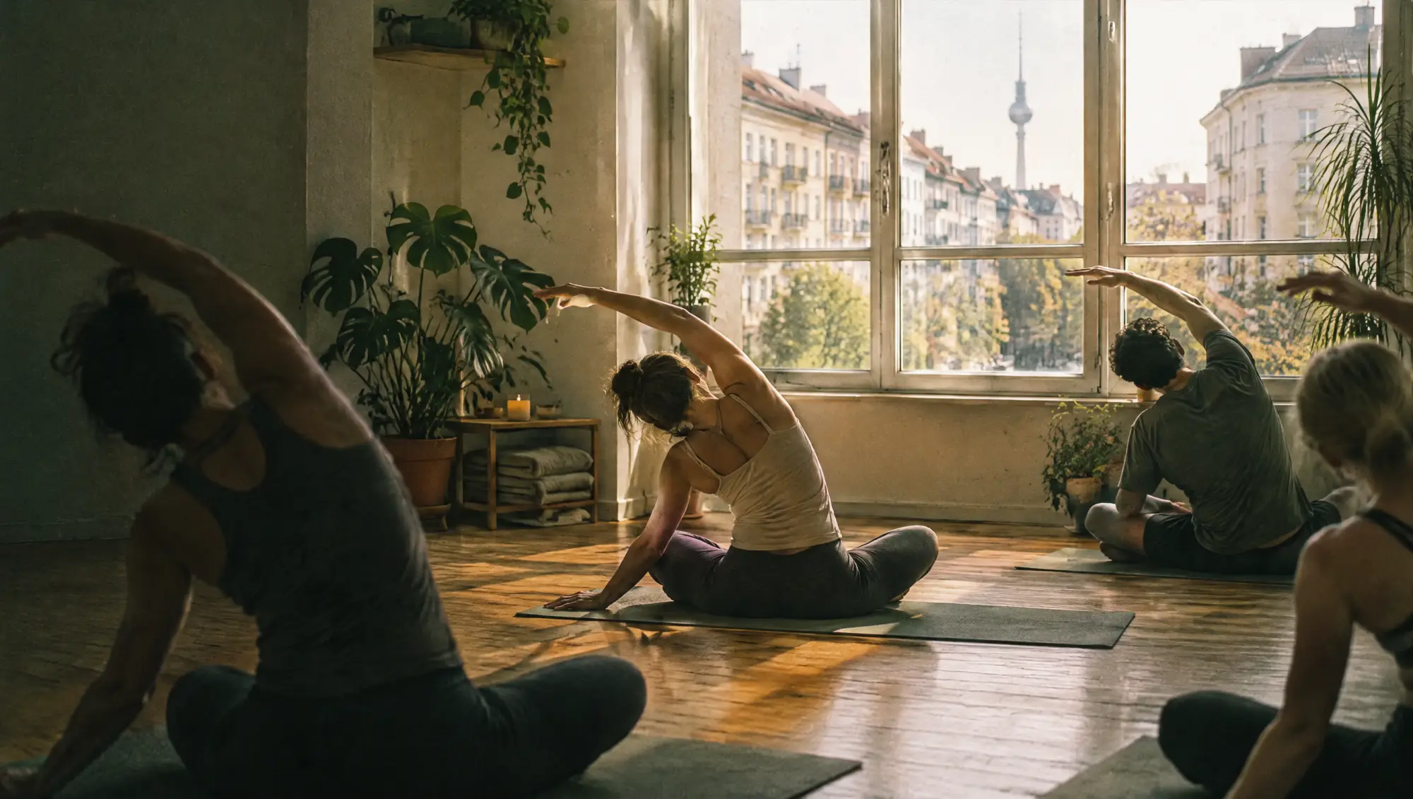 Yoga- & Fitnessstudios in Berlin: Behandlung im Studio, die Stadt im Fenster