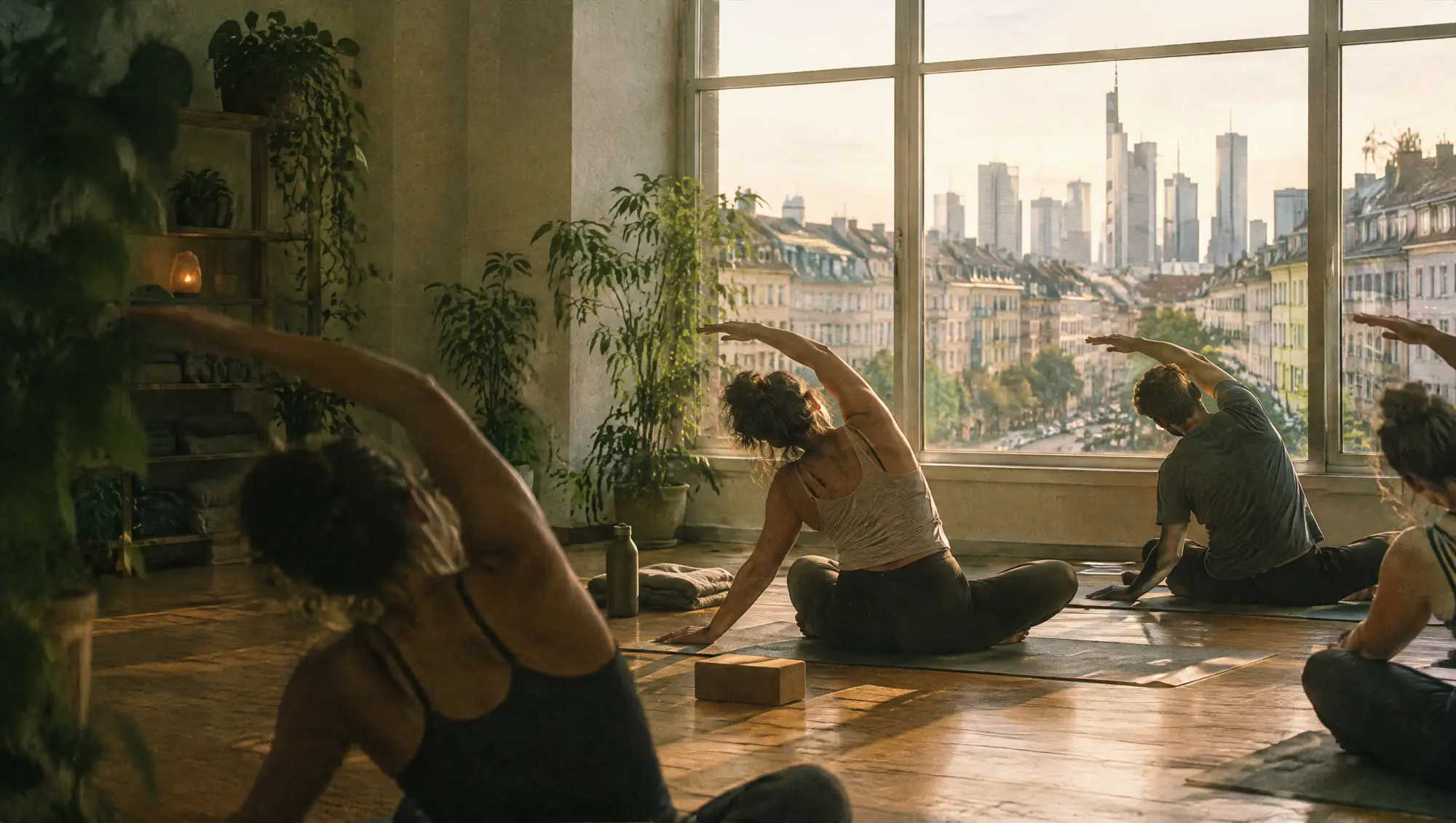 Yoga- & Fitnessstudios in Frankfurt: Behandlung im Studio, die Stadt im Fenster