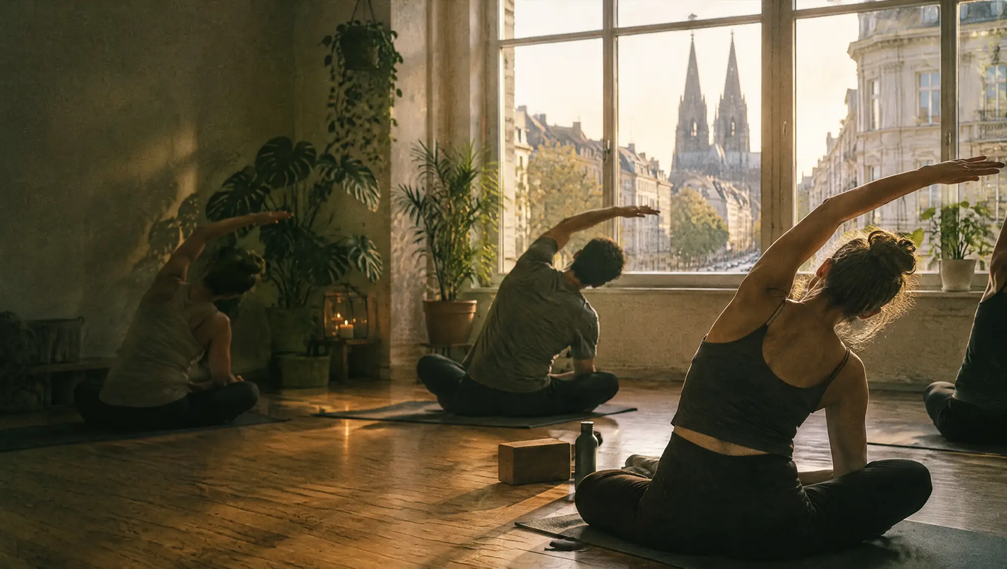 Yoga- & Fitnessstudios in Köln: Behandlung im Studio, die Stadt im Fenster