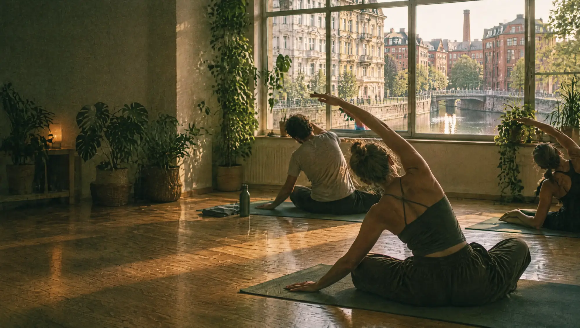 Yoga- & Fitnessstudios in Leipzig: Behandlung im Studio, die Stadt im Fenster
