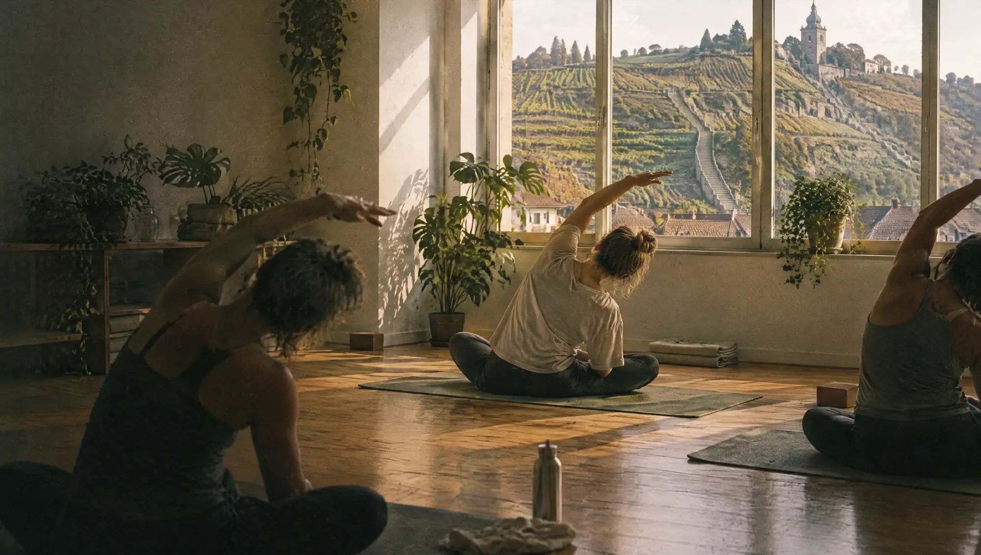 Yoga- & Fitnessstudios in Stuttgart: Behandlung im Studio, die Stadt im Fenster